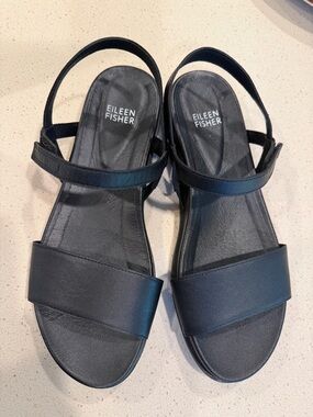 Eileen Fisher Black Leather Strap Slingback Sandals